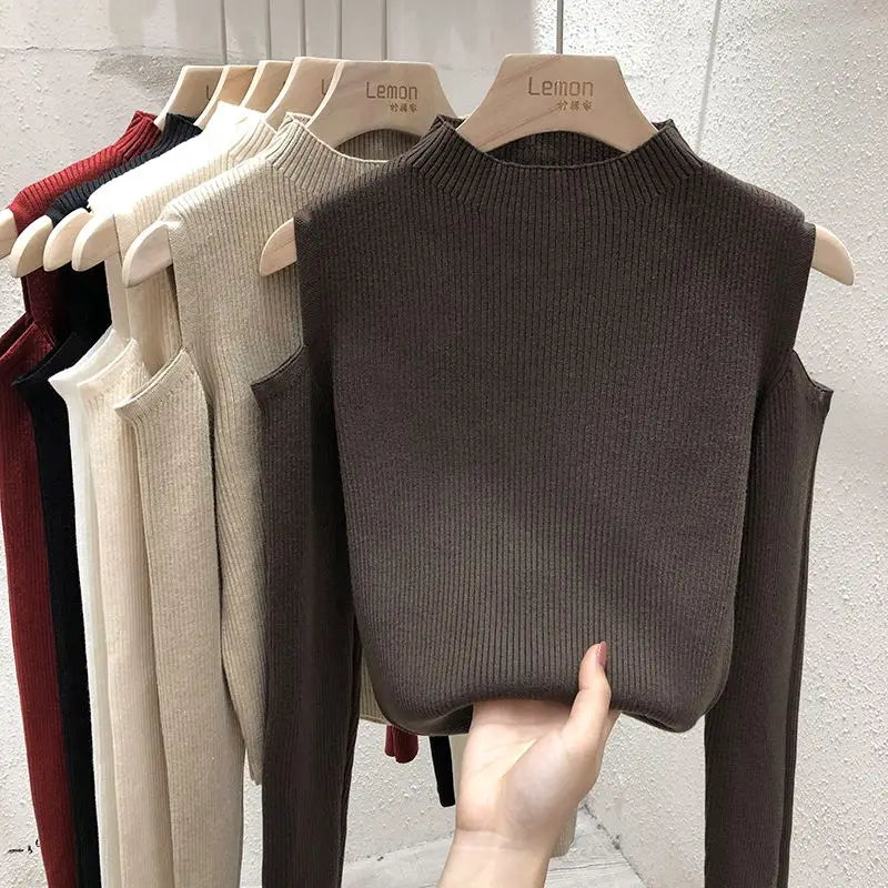 Knitted Sweater Women Pullovers New Long Sleeve Stand Collar Off-shoulder Knit Sweater Pullover Women Tops Sueters De Mujer Q781