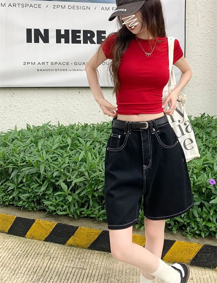 High-Waisted Straight-Leg Jeans Shorts for Women Summer New Style Slimming Black Five-Point Loose Wide-Leg Mid-Length Y2K Shorts