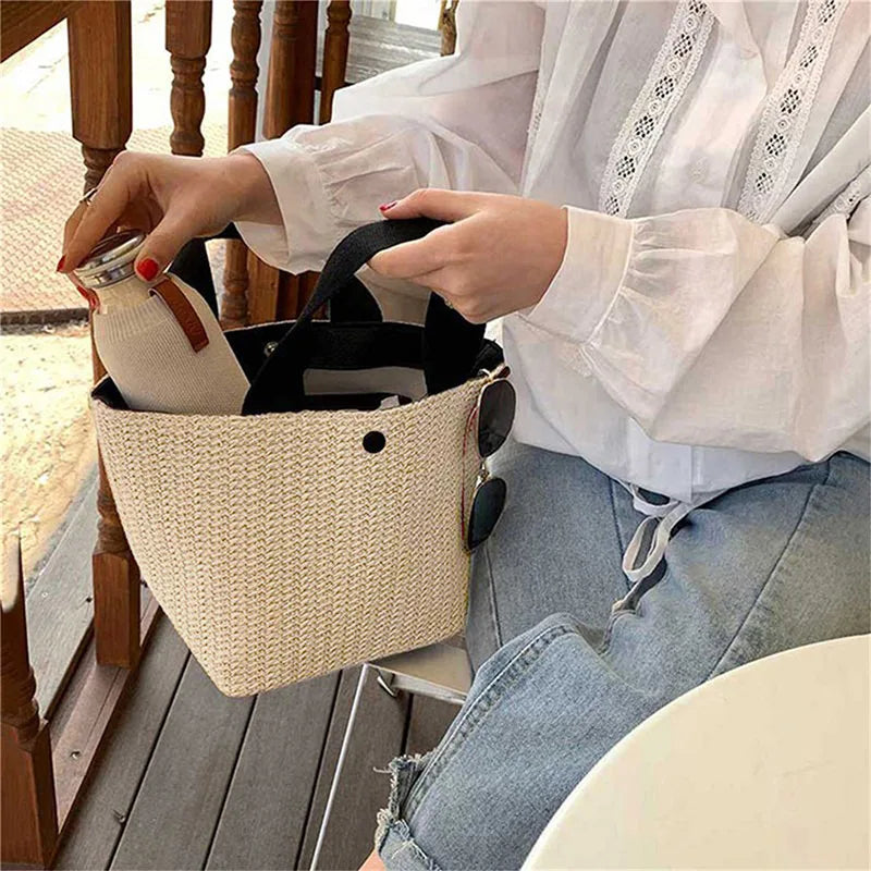 Trendy Straw Handbag Women's Woven Beach Bag Casual Snap Button Satchel Bag Small Braided Shoulder Bag For Travel Beach Trip