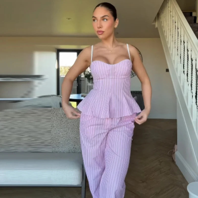HXAO 2025 Striped Pant Sets Women's Suit Summer Elegant Crop Slip Top Vest 2 Piece Sets Woman Outfit Bow High Waist Trousers Set