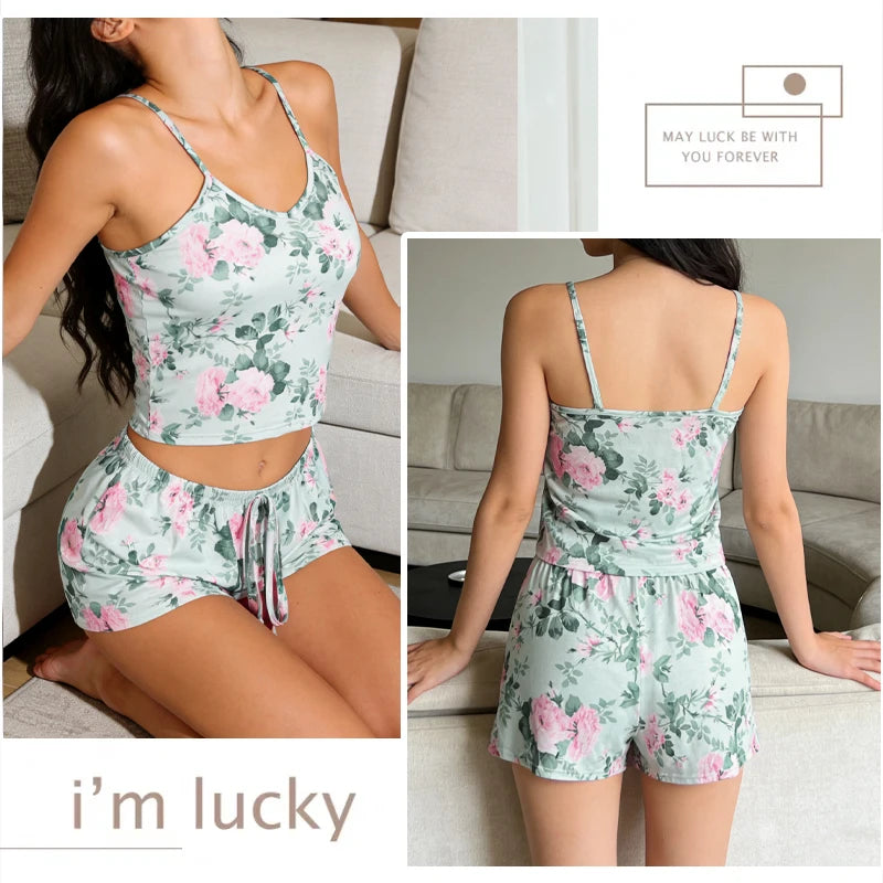 Summer Printed Cami Sleeveless Top and Shorts Pajama Sets For Women Sexy Leisure Adjustable Belt Loungewear Female Soft Pajama