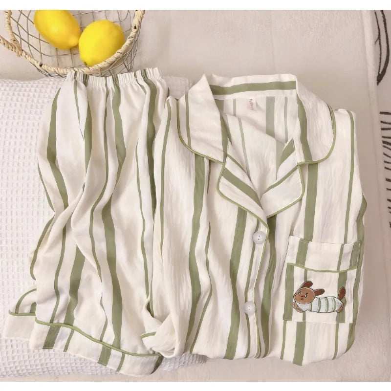 Embroidery Dachshund Strip Print Women's Pajamas Set Harajuku Style Sweet Cute Sleepwear Set Short Sleeve Women's Pajamas Summer