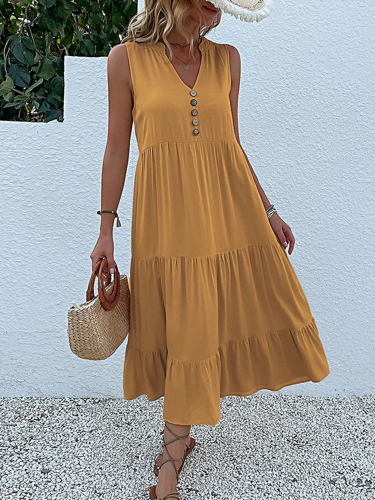 Casual Summer Midi Dress Women Sleeveless Tank V Neck Buttons Ruffle Loose Dresses Beach Soild Sundress Fashion