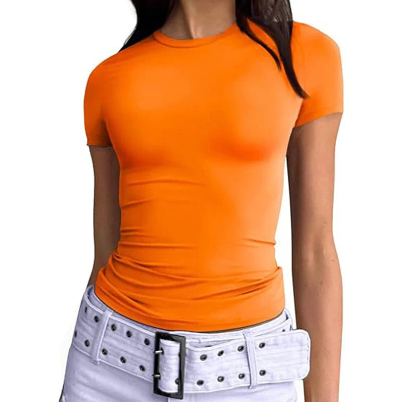 1pcs Women's Sport T-shirt Girl Solid Basic Fitness Running Yoga Tees Lady Short Sleeve Slim Sexy Round Neck Casual Shirts Tops