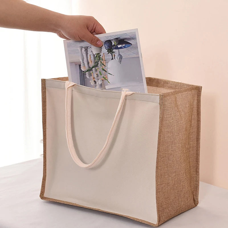 Retro single-shoulder linen bag for shopping as a gift. Yellow linen bag with printed pattern. Hand-held linen bag.