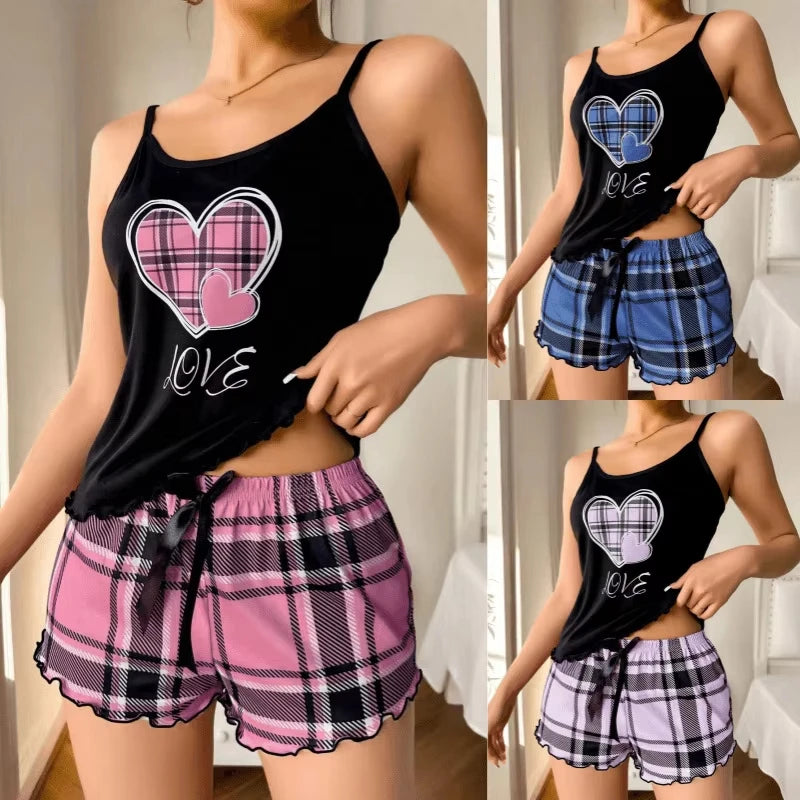 Sexy Nightwear Women's Suspenders Top Plaid Pants Fashion Sleepwear Homewear Two-Piece Set Ladies Pajamas Love Print Loungewear