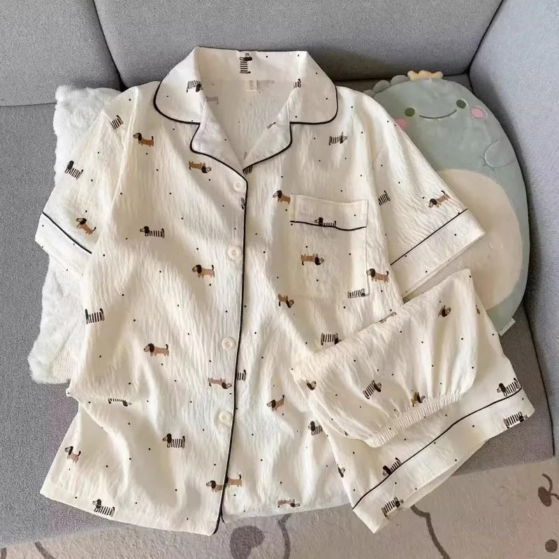 Embroidery Dachshund Strip Print Women's Pajamas Set Harajuku Style Sweet Cute Sleepwear Set Short Sleeve Women's Pajamas Summer