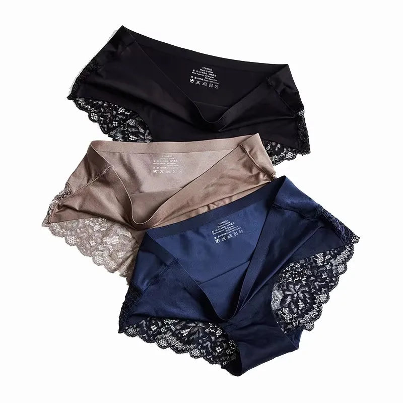 1/3PCS/Set Women's Panties Lace Underwear Sexy Lingerie Ice Silk Briefs Soft Seamless Underpants