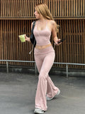 Hugcitar Fashion 2 Piece Sets Halter Soild Backless Lace Up Sexy Crop Camis Top Flare Pants Women Outfit Tracksuit Vacation Yoga