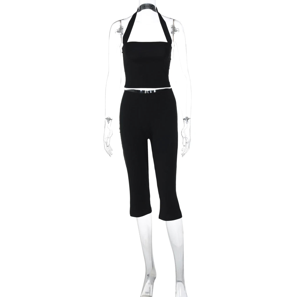 Hugcitar Women Fashion 2 Pcs Sets Halter Black Backless Sexy Crop Tank Top Knee Length Pants Fall Outfits Party Festival