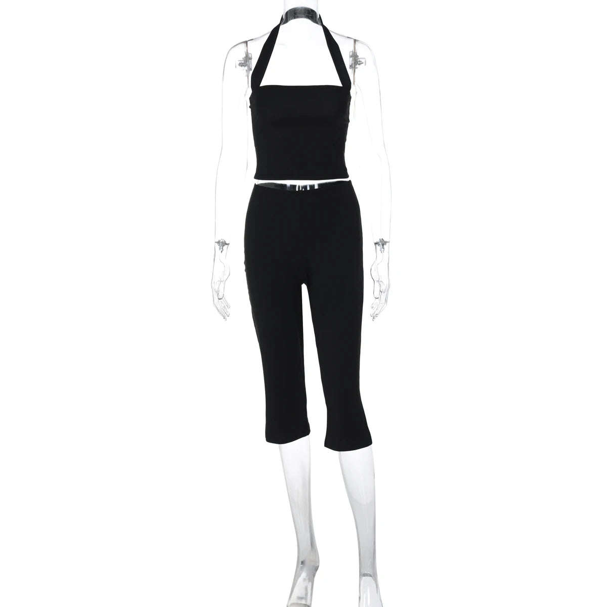 Hugcitar Women Fashion 2 Pcs Sets Halter Black Backless Sexy Crop Tank Top Knee Length Pants Fall Outfits Party Festival