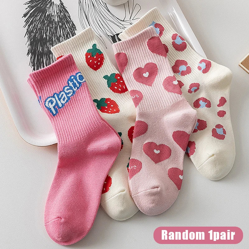 Cute Harajuku Strawberry Love Sweet Socks Middle Tube Breathable Fashion Autumn And Winter Casual Socks