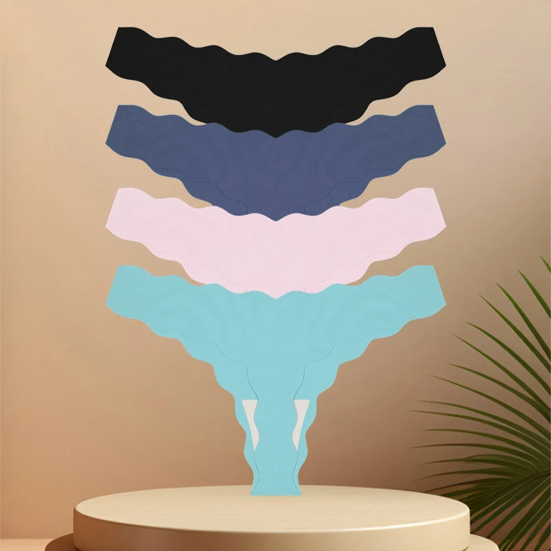 4Pcs Seamless Invisible Thongs Underwear for Women Low Waist Sexy Wave Belt T-Back Breathable Stretchy G-String Panties Lingerie