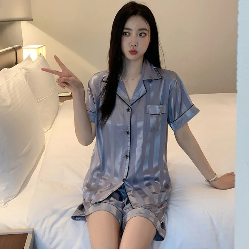 1 Set Women's Elegant Lounge Set Plus Size Satin Striped Button Up Short  Sleeve Shirt & Pants Pajamas