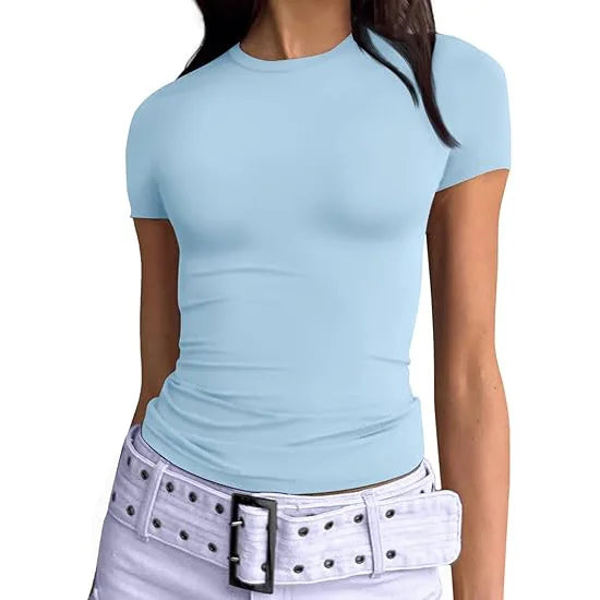 1pcs Women's Sport T-shirt Girl Solid Basic Fitness Running Yoga Tees Lady Short Sleeve Slim Sexy Round Neck Casual Shirts Tops