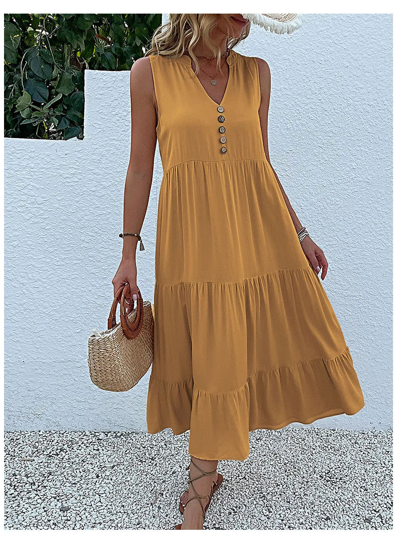 Casual Summer Midi Dress Women Sleeveless Tank V Neck Buttons Ruffle Loose Dresses Beach Soild Sundress Fashion
