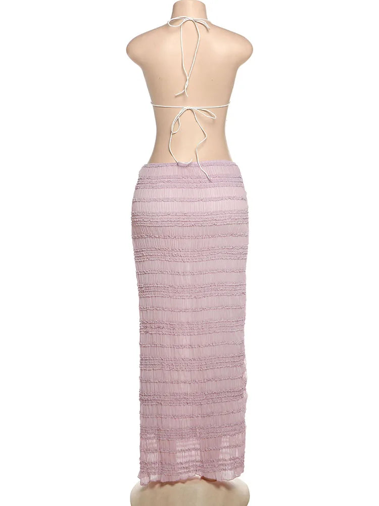 Weird Puss Mesh Backless 2 Piece Set Women Halter Lace-Up See Through Crop Tops+Loose Elegant Long Skirts Vacation Trend Outfits