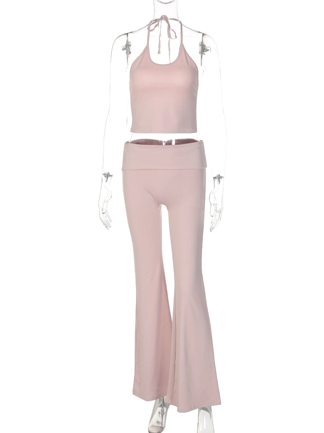 Hugcitar Fashion 2 Piece Sets Halter Soild Backless Lace Up Sexy Crop Camis Top Flare Pants Women Outfit Tracksuit Vacation Yoga