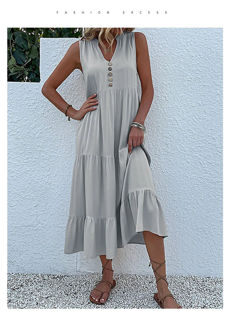 Casual Summer Midi Dress Women Sleeveless Tank V Neck Buttons Ruffle Loose Dresses Beach Soild Sundress Fashion