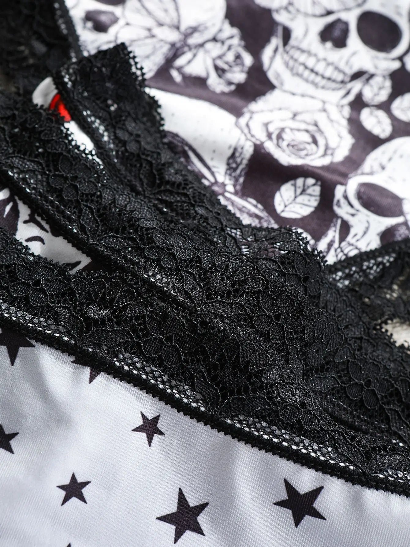 Halloween Skull star printed women's panties, lace patchwork mid-waist, ice silk, seamless and breathable