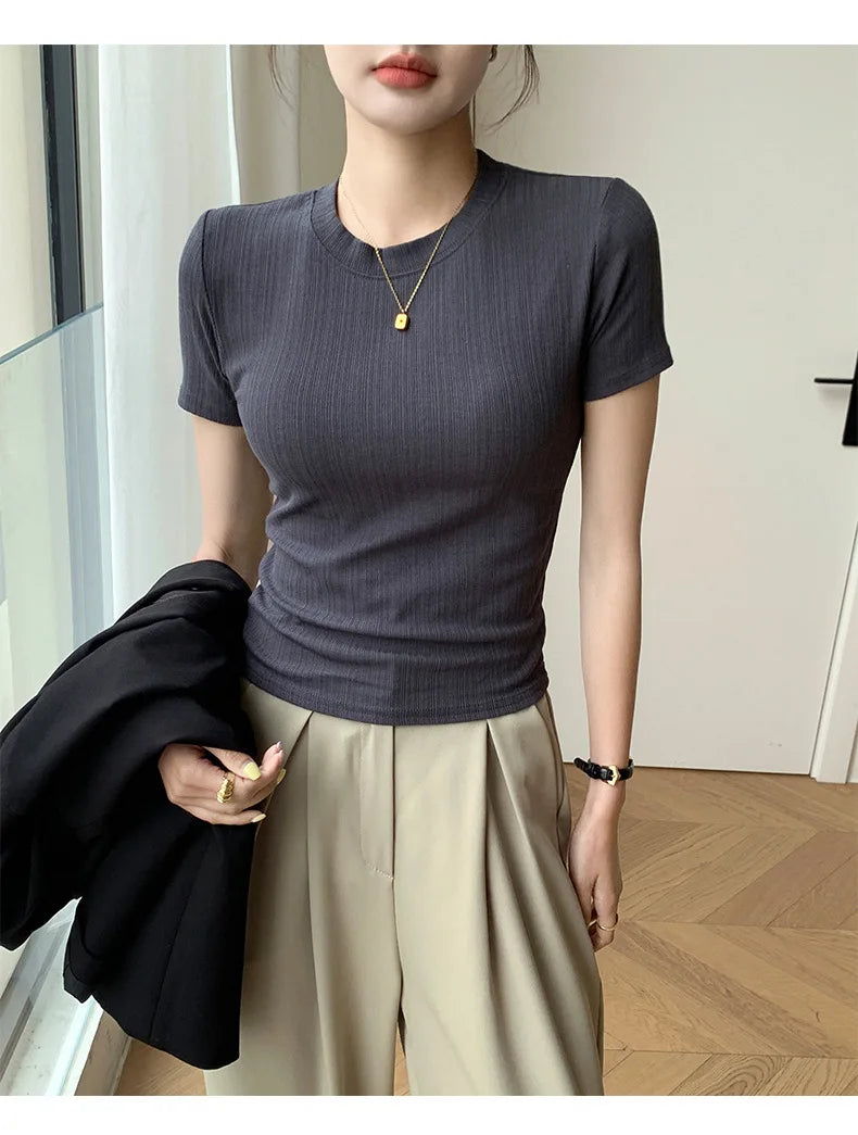 Summer New Women's Crewneck T-shirt Knitted Short-sleeved Top Casual All-match T-shirt Striped Base Shirt Slim-fit Breathable