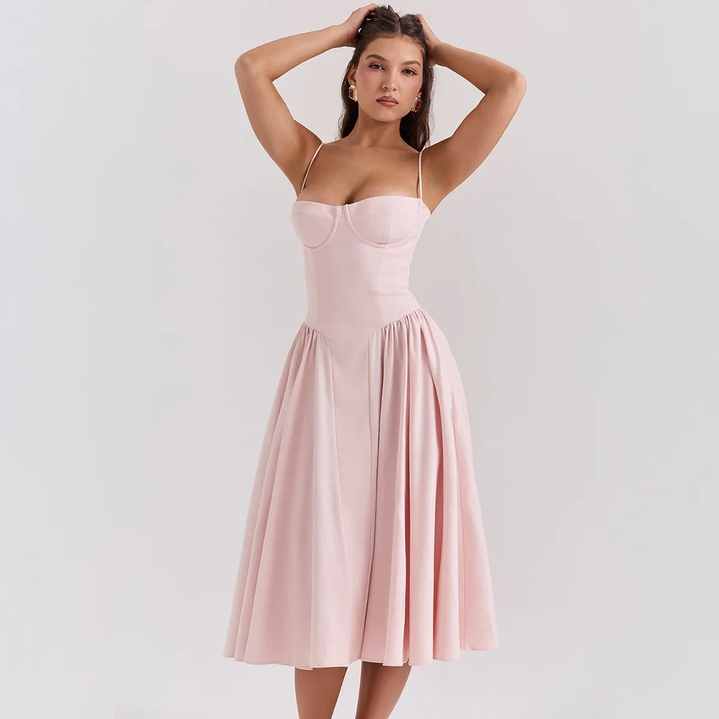 Summer Women Elegant Sleeveless Backless Pleated Dresses Lady Sexy Solid Sling Midi Dress 2024 Female Party Evening A-line Robes