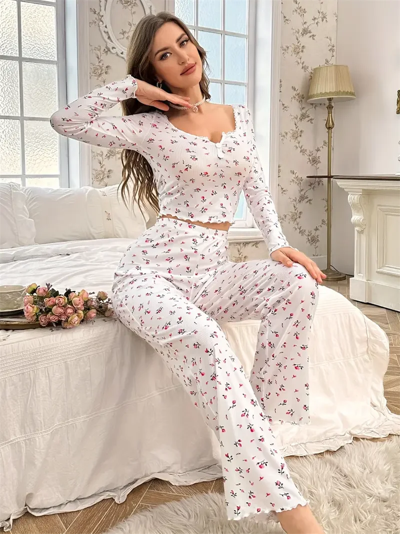 4 Size Choose S M L XL  Apricot Ditsy Floral Women Homewear Set Soft Pajama Set Long Sleeve Top and Pants Loungewear Sleepwear T