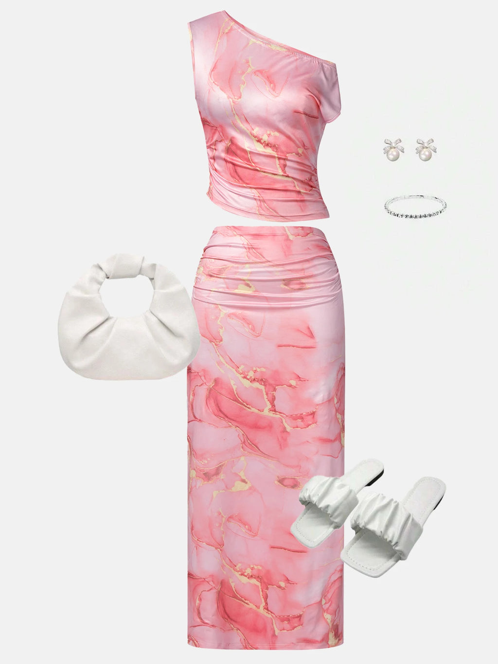 Women OneShoulder Sleeveless PinkMarble Print Ruched Crop Midi 2Piece Skirt Set Glam Vacay Summer DateNight Party Stretchy