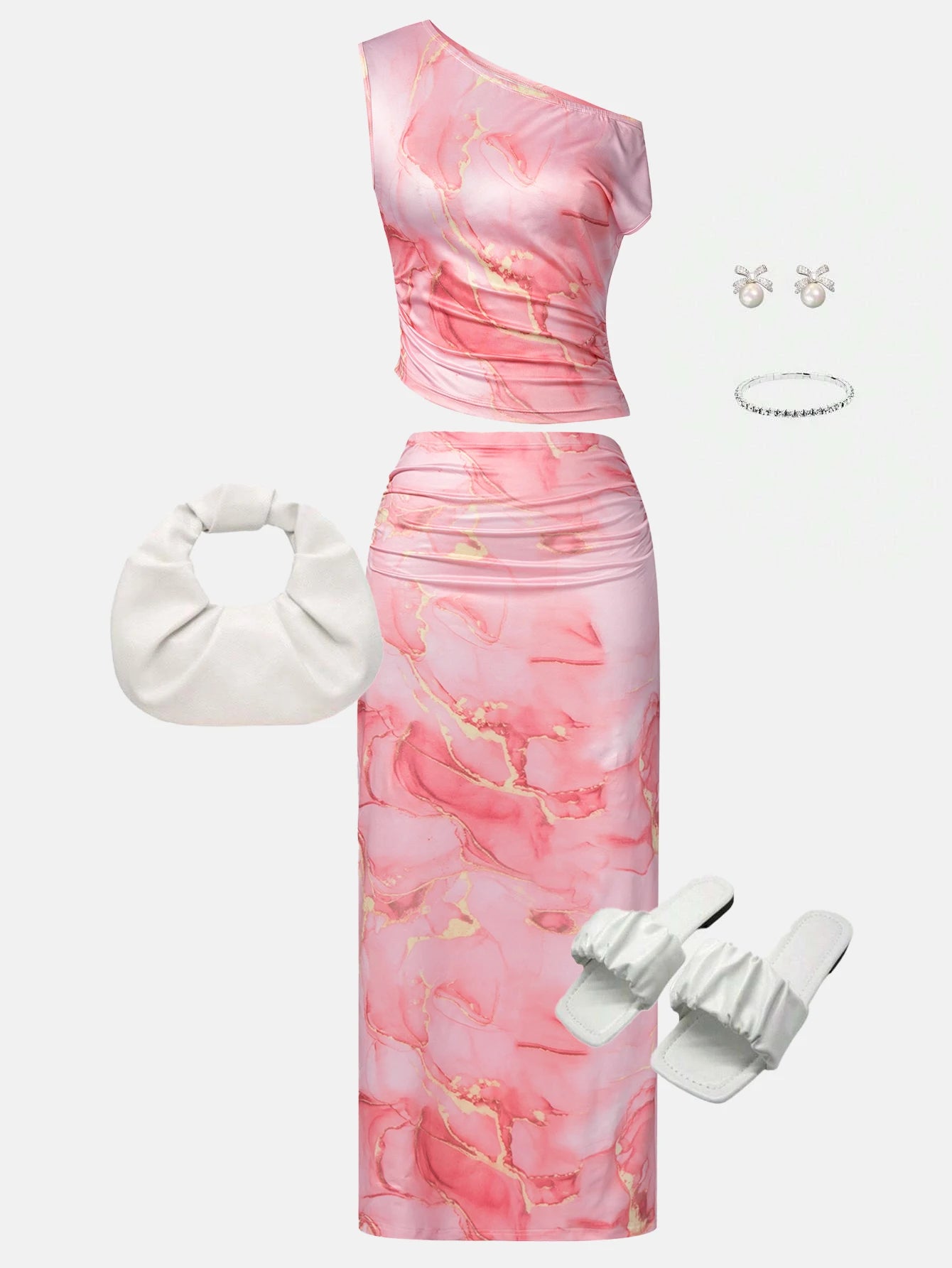 Women OneShoulder Sleeveless PinkMarble Print Ruched Crop Midi 2Piece Skirt Set Glam Vacay Summer DateNight Party Stretchy