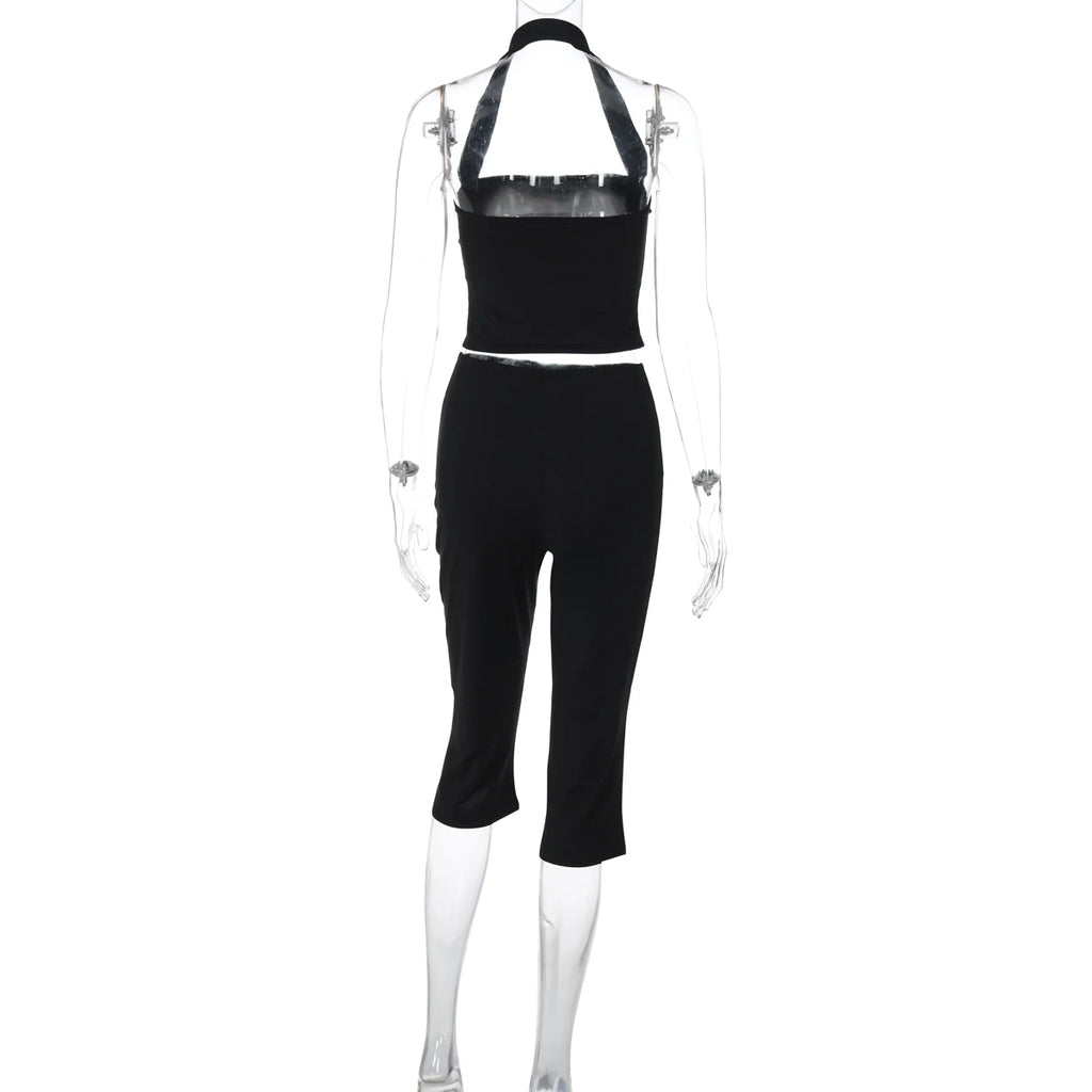 Hugcitar Women Fashion 2 Pcs Sets Halter Black Backless Sexy Crop Tank Top Knee Length Pants Fall Outfits Party Festival