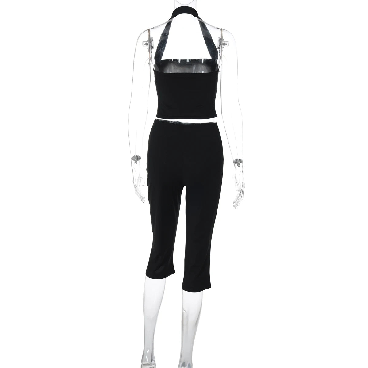 Hugcitar Women Fashion 2 Pcs Sets Halter Black Backless Sexy Crop Tank Top Knee Length Pants Fall Outfits Party Festival