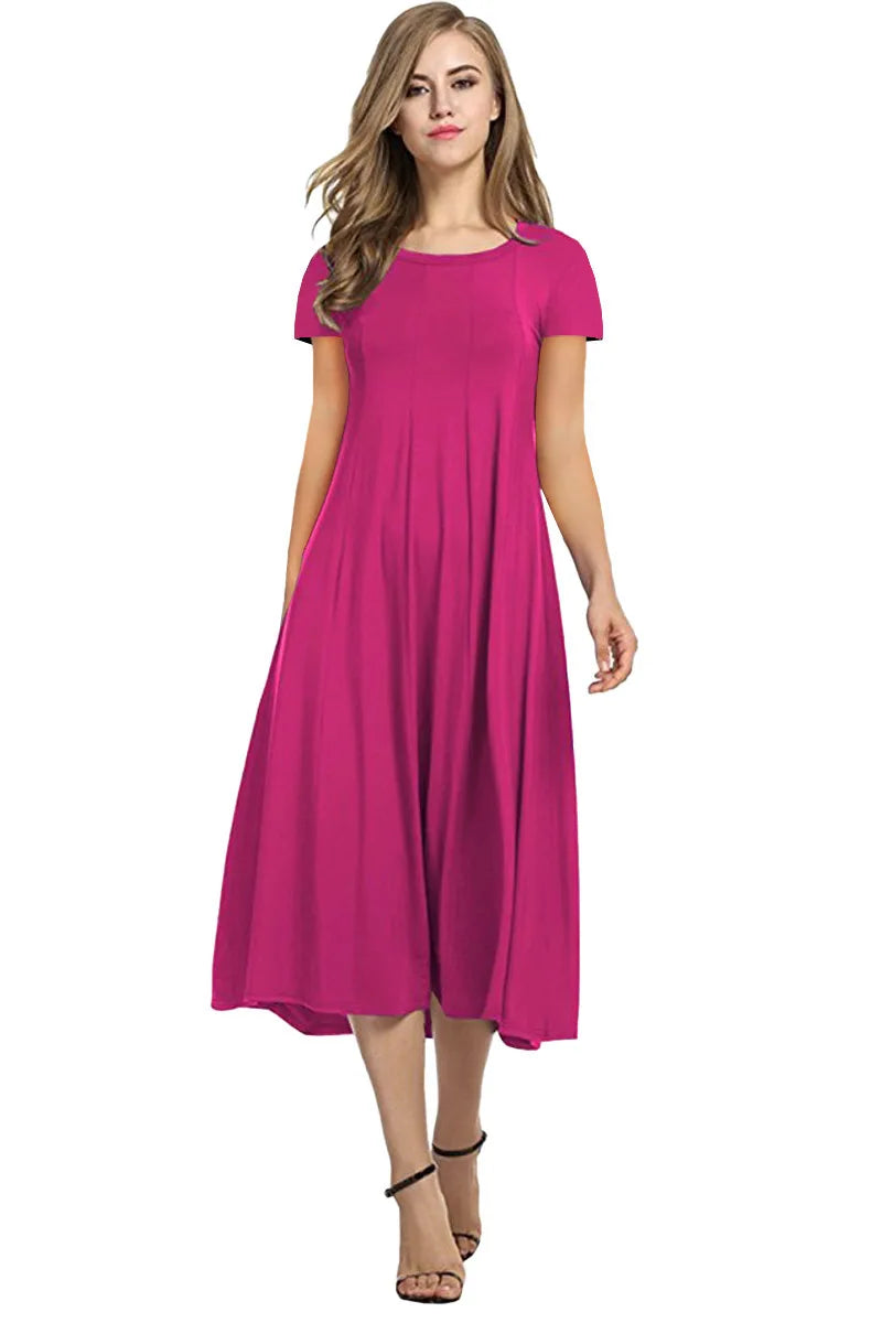 2024 Summer Women's Top Selling Round Neck Short Sleeve Solid Color Flare Dress