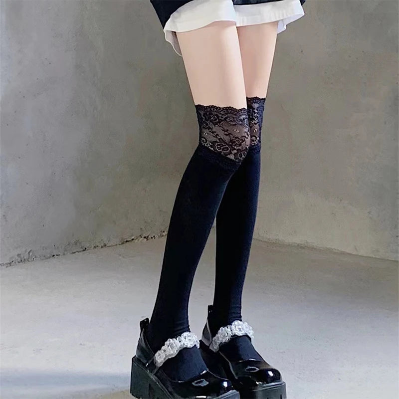 Fashionable Sexy Lace Patchwork Casual Winter Warm Solid Color Elastic Japanese Jk Socks
