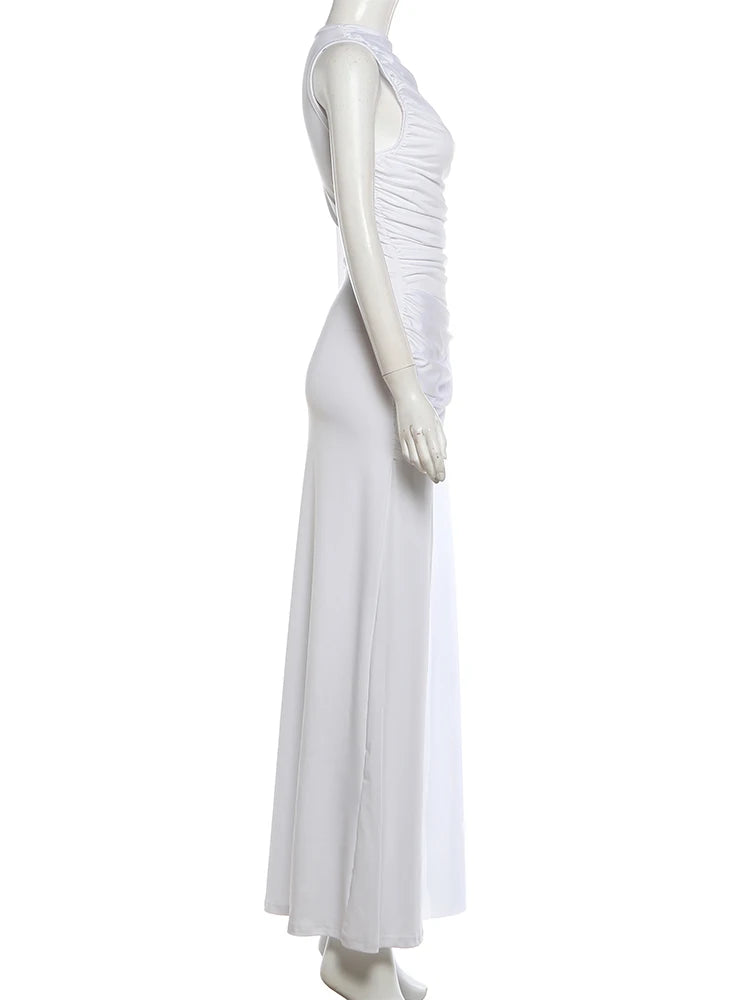 Sisterlinda Elegant Dress Woman Ruched o-Neck Sleeveless Irregular Ribbon Metal Trim Classic Birthday Party Banquet Vestidos