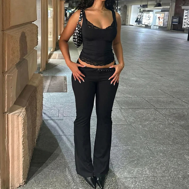 Hugcitar 2026 Fashion Square Neck Patchwork Lace Straps Sexy Crop Tank Top Spring Summer Women Clothes Holiday Streetwear Club