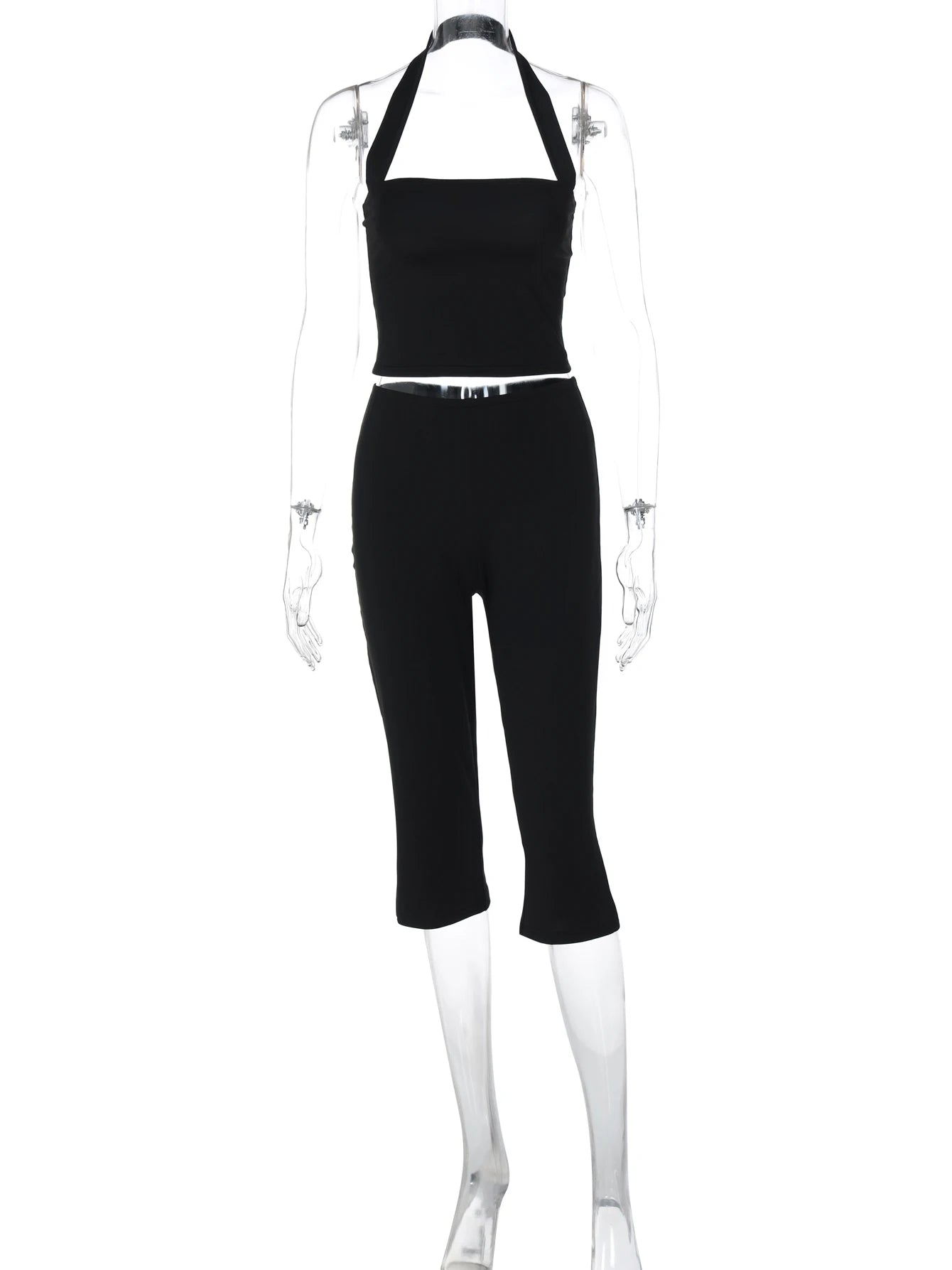 Hugcitar Women Fashion 2 Pcs Sets Halter Black Backless Sexy Crop Tank Top Knee Length Pants Fall Outfits Party Festival