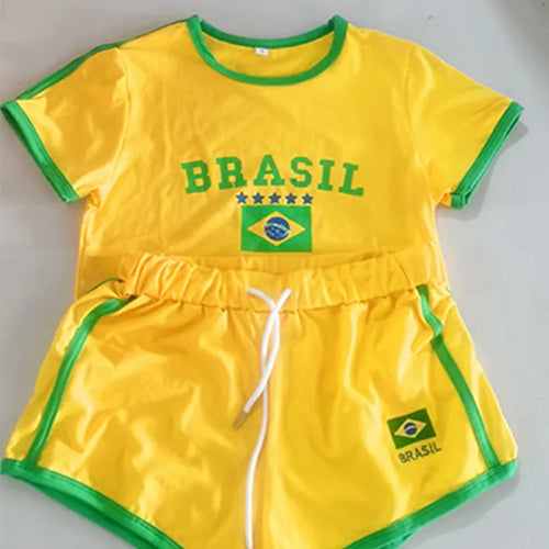 2000s Aesthetic BRASIL Letter Print T-Shirt Shorts Suit Women Vintage Grunge Short Sleeve Baby Tees Summer Crop Top Y2k Clothes