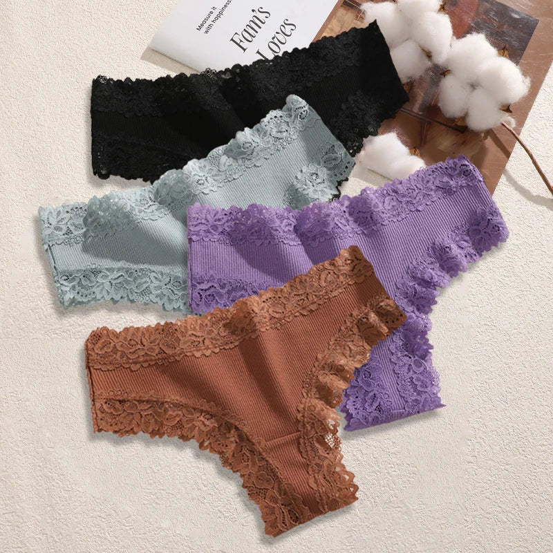 4PCS/Set Cotton Floral Lace Underpants for Women Sexy Striped Low-Waist Panties Girls Comfortable Briefs Trendy T-back Lingerie