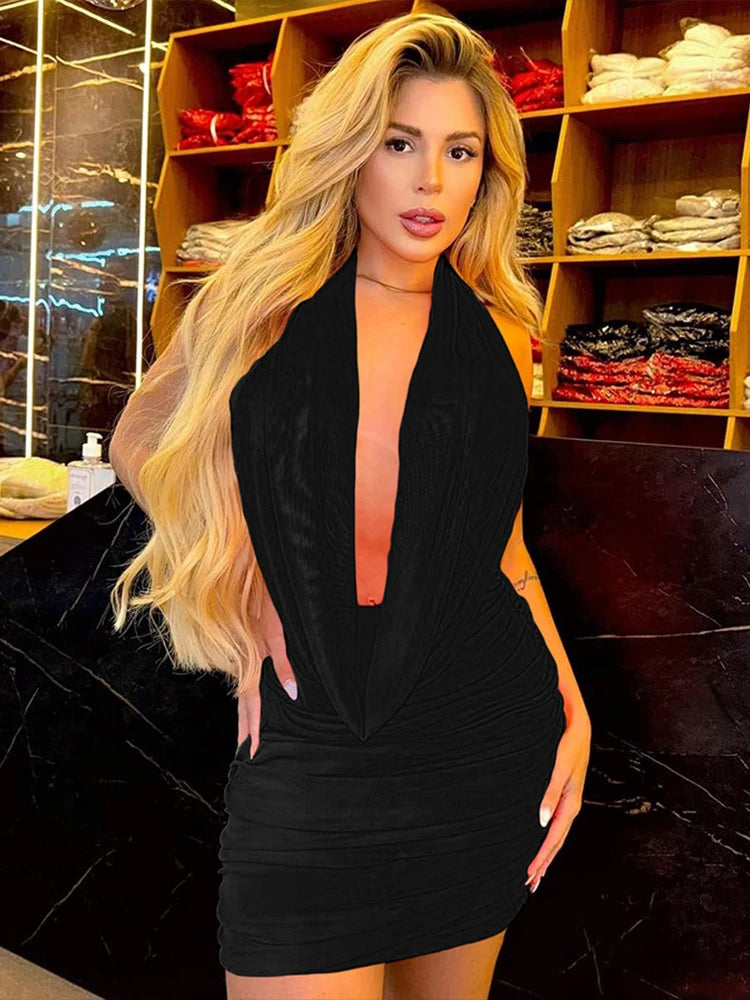 kliou Mesh Swinging Pleated Women 2 Piece Set Summer Solid Simple Halter Backless Chic Tops+Shirring Mini Skirts Coordinate Suit