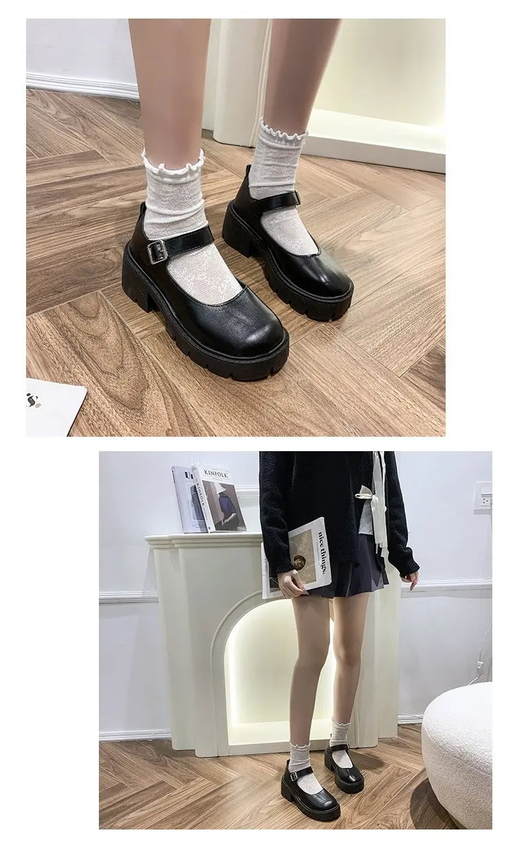 Lolita Shoes Japanese Girl Platform Black high heels fashion Round Toe Mary Jane Women Patent faux Leather Student Cosplay Shoes