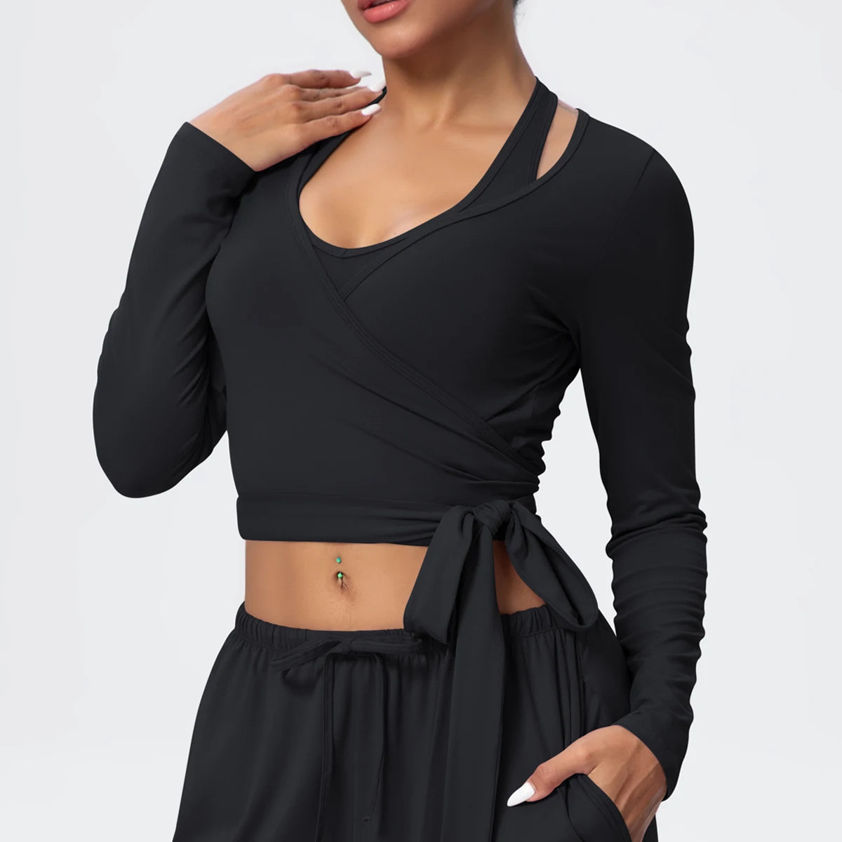 Women Slim Breathable Sports Top Women Active Wear Sports Yoga Long Sleeved Solid Color Running Shirts Straps Design Yoga Top