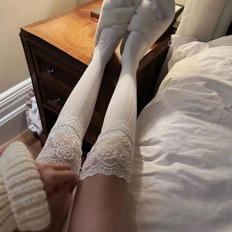 Fashionable Sexy Lace Patchwork Casual Winter Warm Solid Color Elastic Japanese Jk Socks