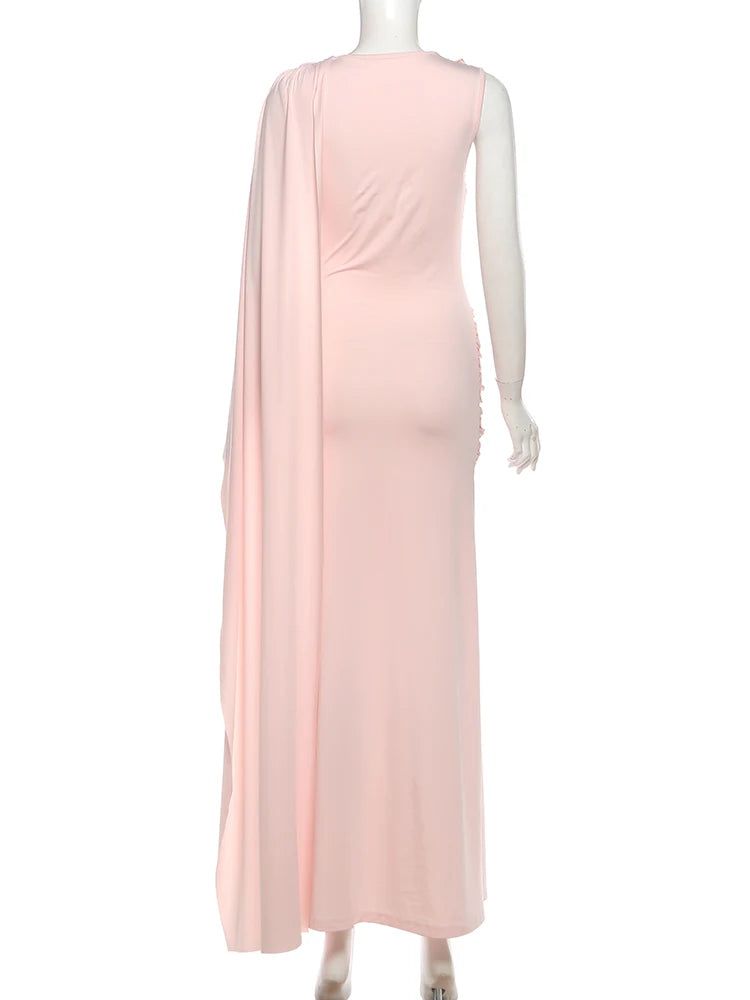 Sisterlinda Elegant Dress Woman Ruched o-Neck Sleeveless Irregular Ribbon Metal Trim Classic Birthday Party Banquet Vestidos