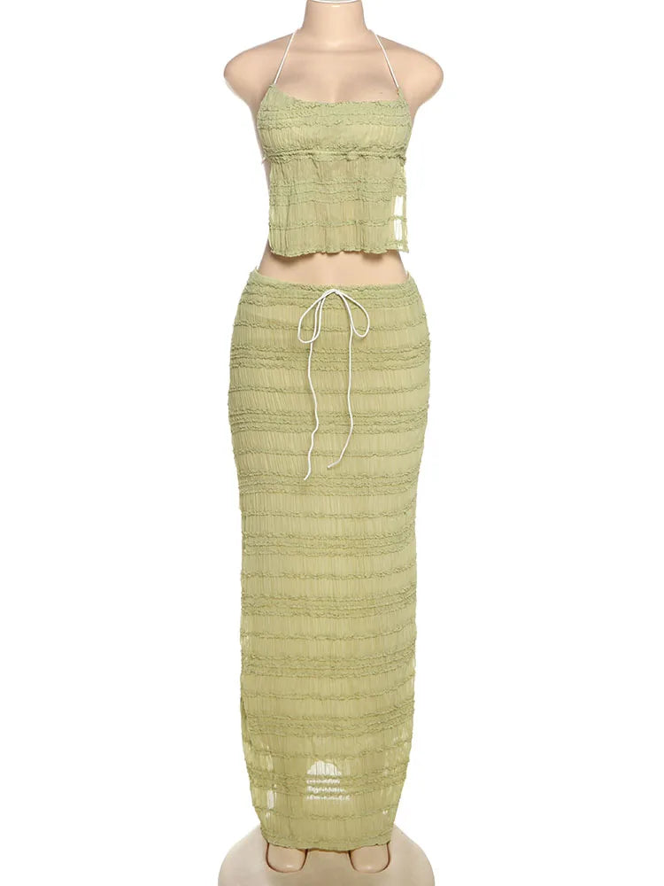 Weird Puss Mesh Backless 2 Piece Set Women Halter Lace-Up See Through Crop Tops+Loose Elegant Long Skirts Vacation Trend Outfits