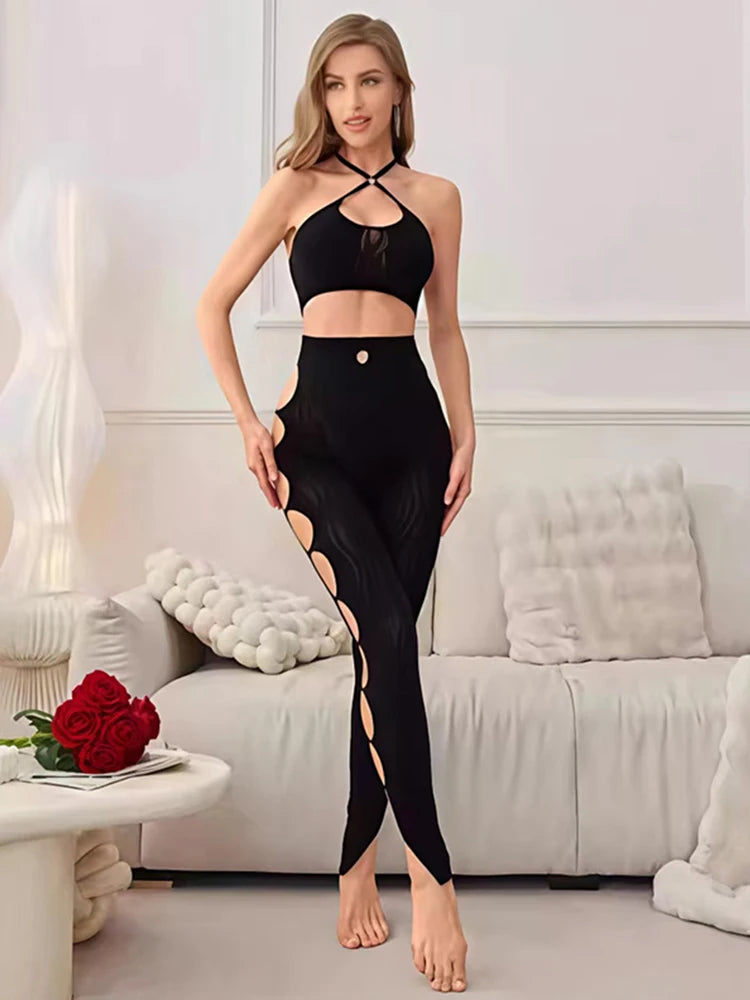 2pcs Women's Sexy Set Halter Neck Crop Top & High-Waist Side Cutout Skinny Pants Sexy Slim Fit Club Party Outfit