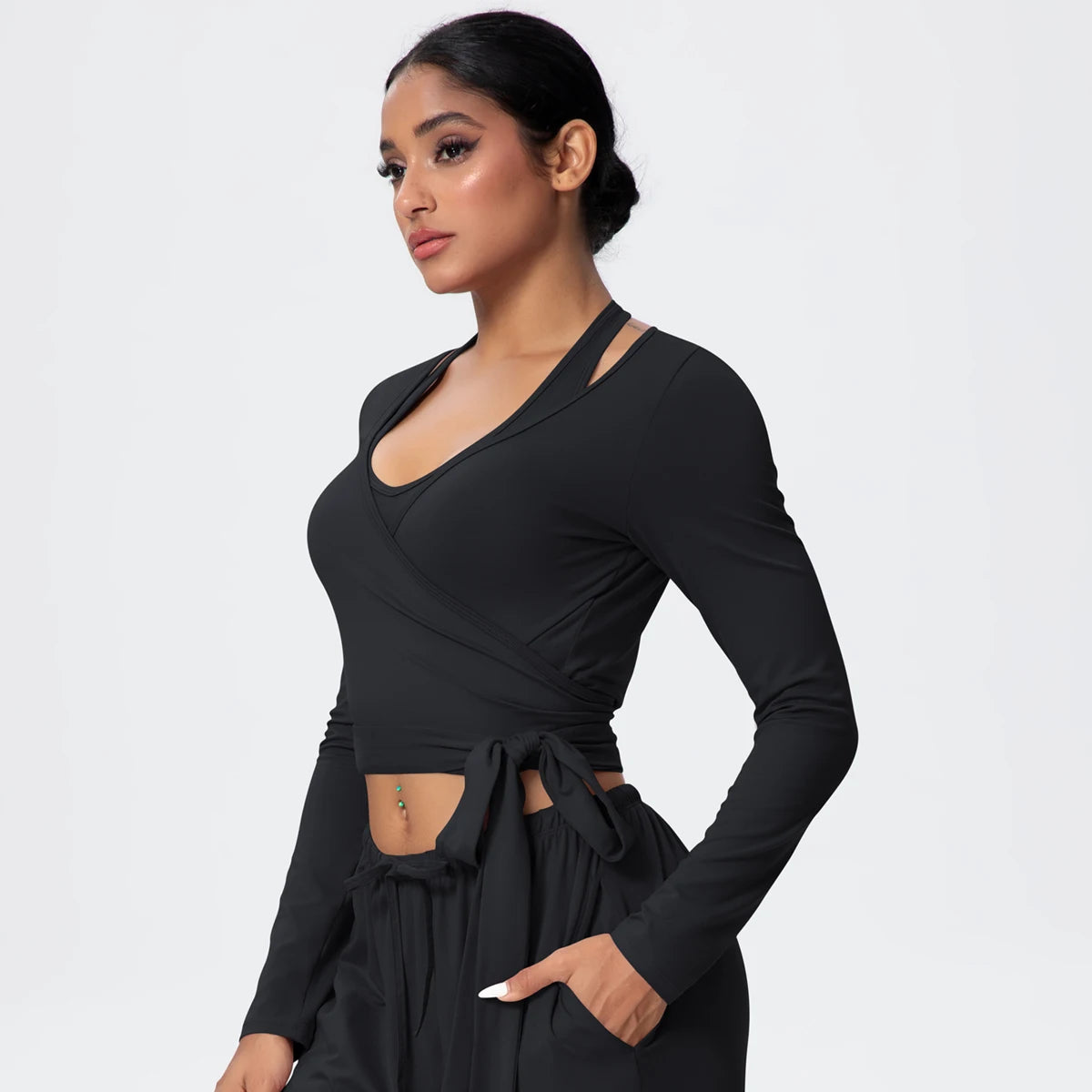 Women Slim Breathable Sports Top Women Active Wear Sports Yoga Long Sleeved Solid Color Running Shirts Straps Design Yoga Top