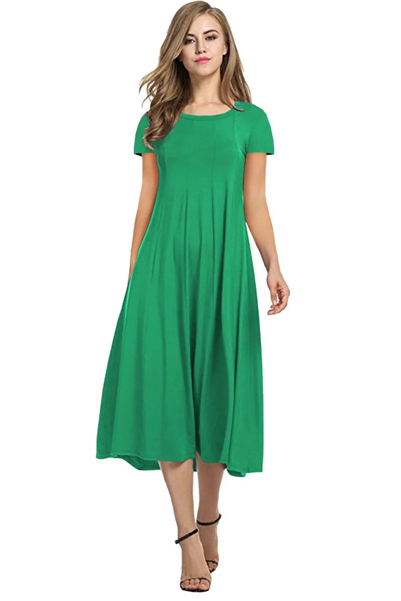 2024 Summer Women's Top Selling Round Neck Short Sleeve Solid Color Flare Dress