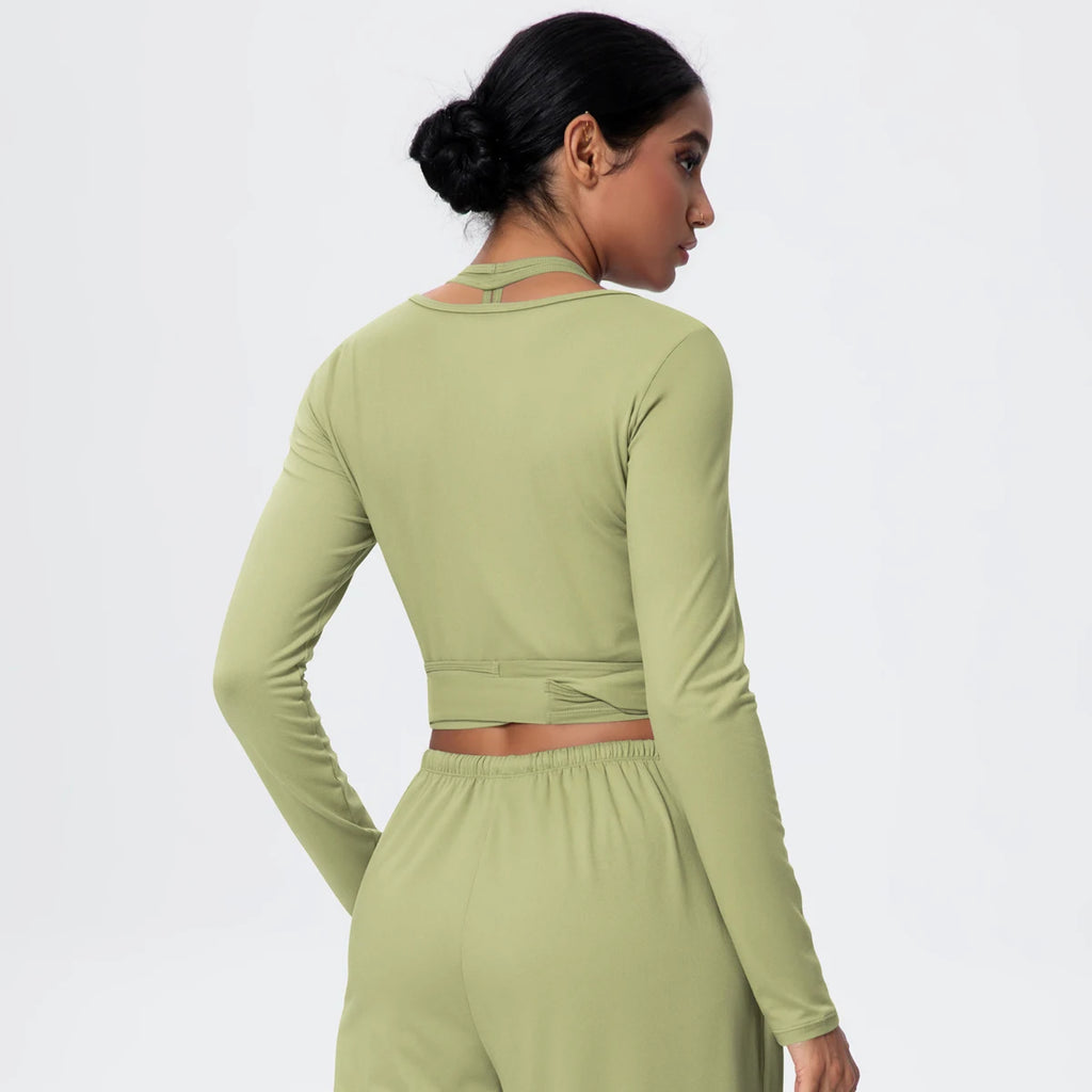 Women Slim Breathable Sports Top Women Active Wear Sports Yoga Long Sleeved Solid Color Running Shirts Straps Design Yoga Top