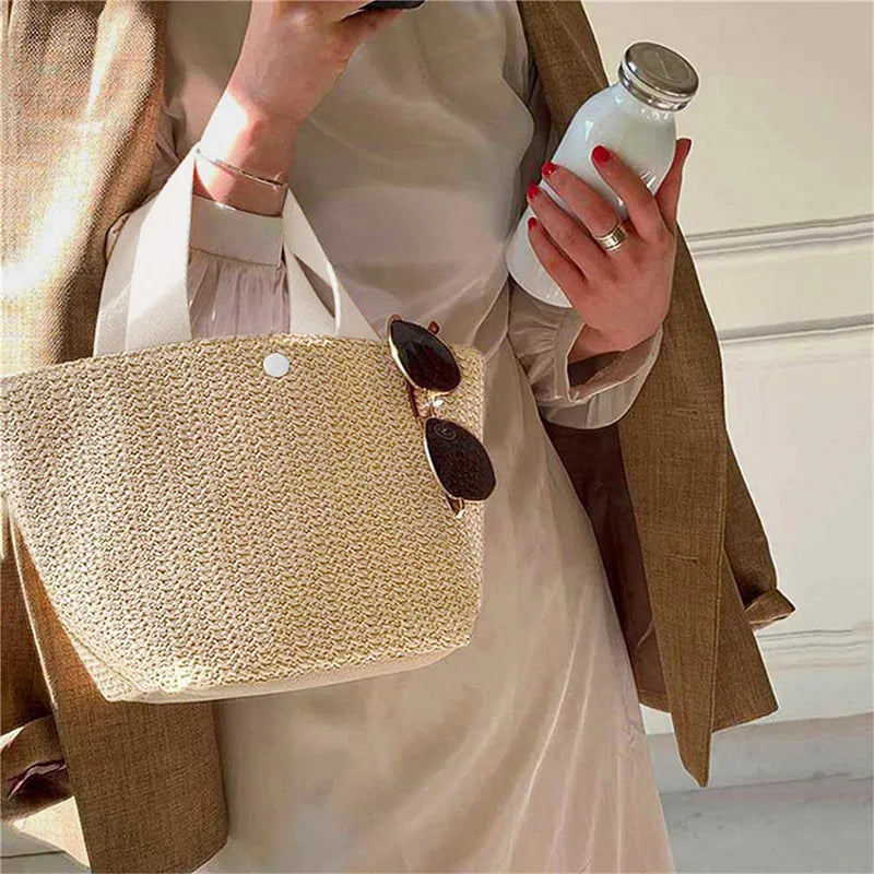 Trendy Straw Handbag Women's Woven Beach Bag Casual Snap Button Satchel Bag Small Braided Shoulder Bag For Travel Beach Trip