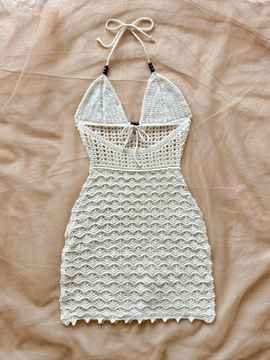 Summer sexy V-neck hollowed out wooden bead slim fit dress with vacation straps and strapless gradient color knitted dress